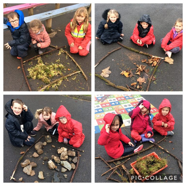 P1/2 making story scenes for "Going on a Bear Hunt".